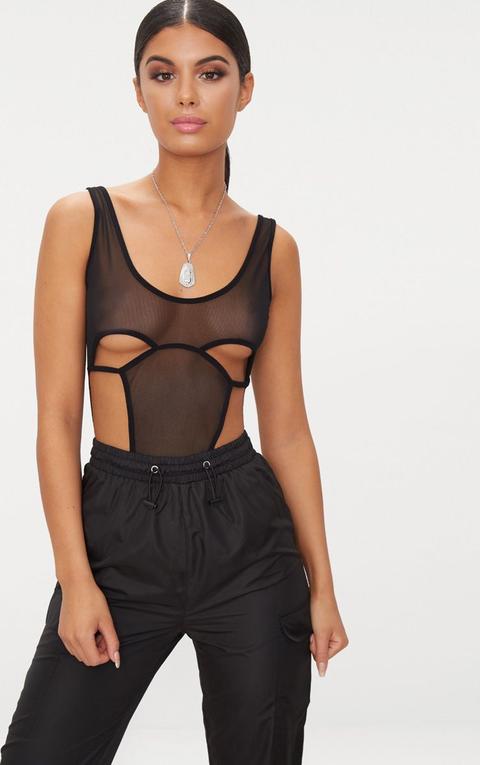 Black Mesh Cut Out Panel Thong Bodysuit