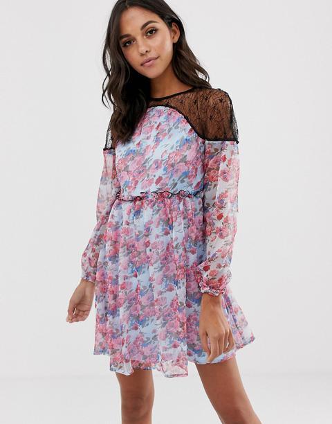 Boohoo - Vestito In Chiffon Stampato Con Carré In Pizzo - Multicolore
