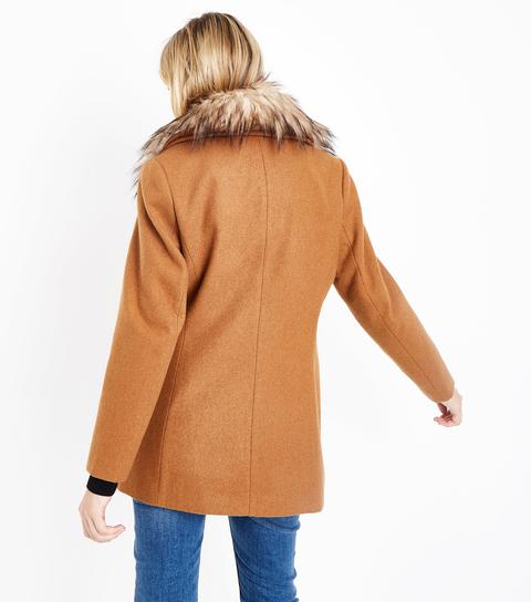 Tan Faux Fur Collar Double Breasted Coat