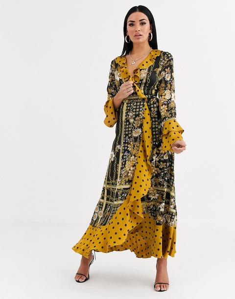 Forever U Satin Maxi Dress In Black Chain Print And Polkadot-multi