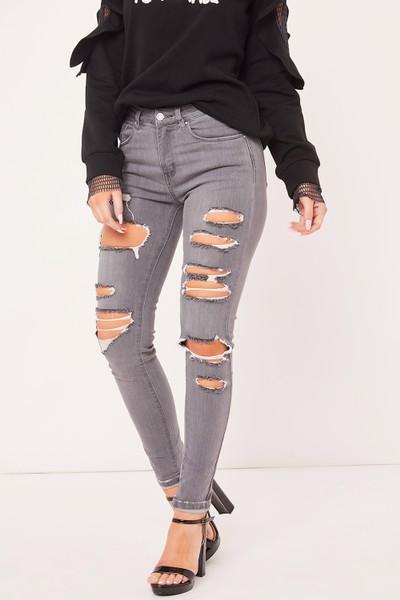Malia Grey Denim Ripped Turn Up Jeans