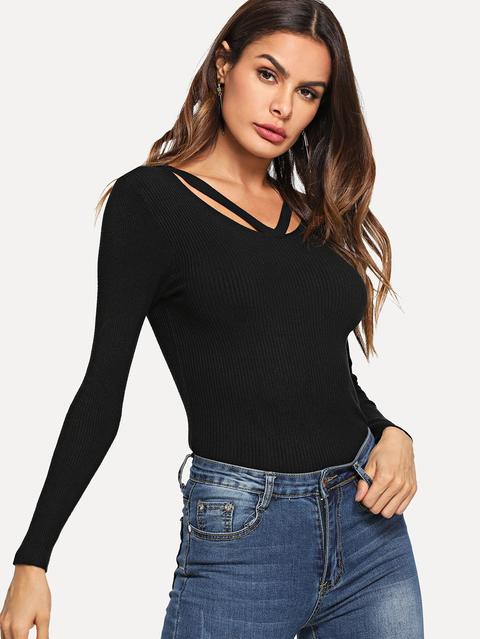 Camiseta Lisa De Canalé Con Tiras En El Cuello