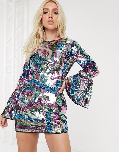 Asos Design Long Sleeve Sequin Embellished Mini Dress With Open Back-multi