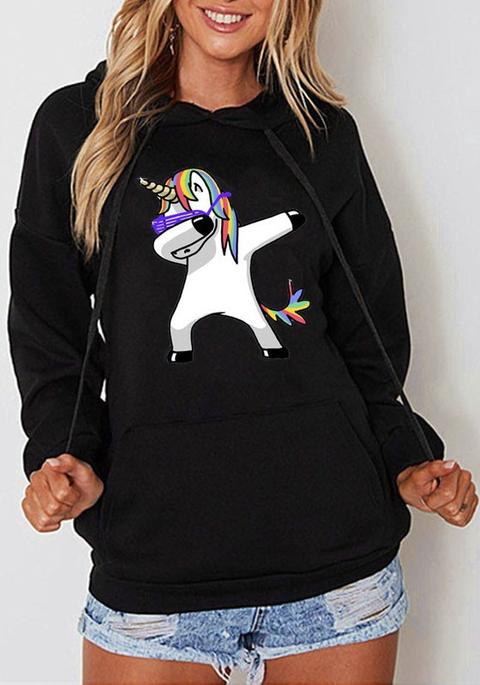 Felpa Tasche Con Stampare Unicorno Pullover Casuale Con Cappuccio Nero