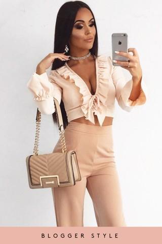 Elana Nude Tie Front Bell Sleeve Crop Top