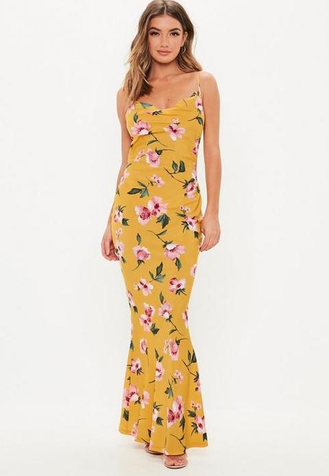 Mustard Floral Cowl Neck Maxi Dress, Mustard