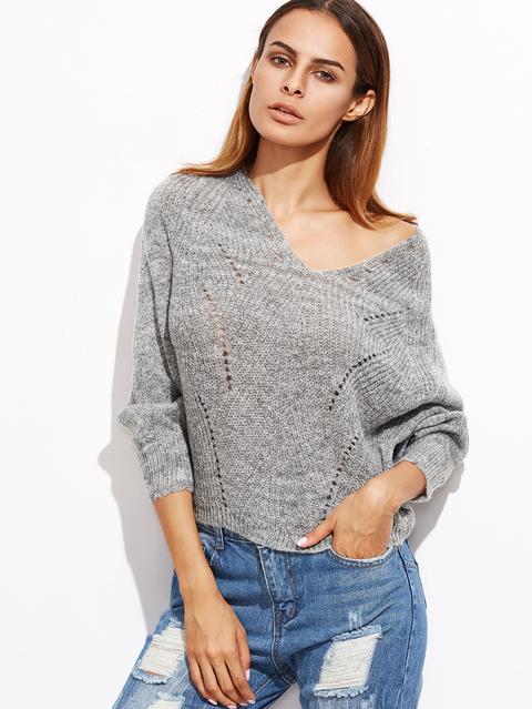 Jersey Hueco Con Cuello En V De Manga Murciélago - Gris