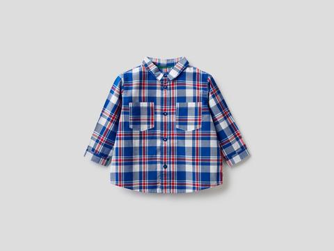 Benetton, Camisa De Cuadros De 100 % Algodón, Size 62, Azul, Niños