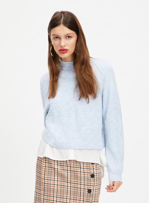 Blue Soft Touch Funnel Neck Rib Knitted Jumper