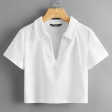 Camiseta Tejida De Canalé Escote V Con Cuello