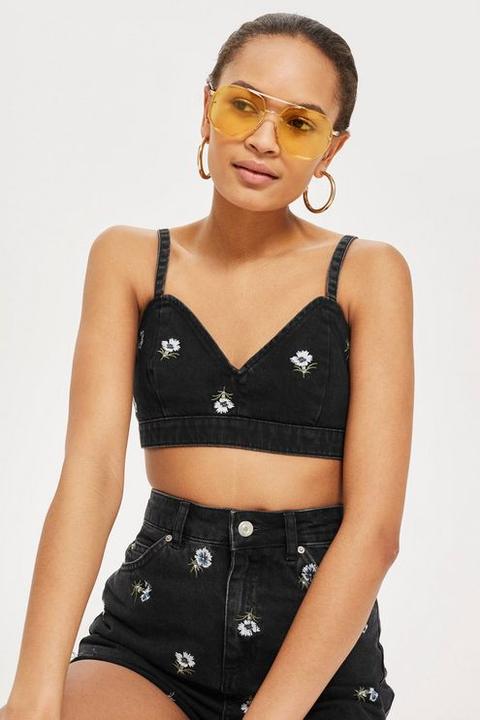 Womens Ditsy Embroidered Bralet - Washed Black, Washed Black