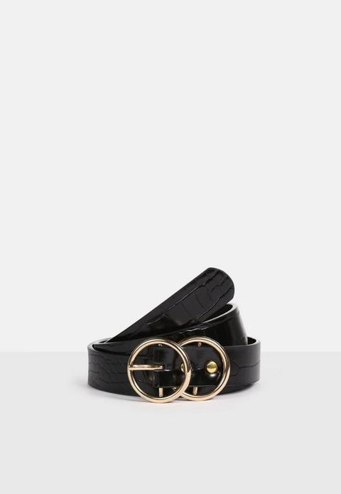 Gold Double Ring Croc Belt, Black