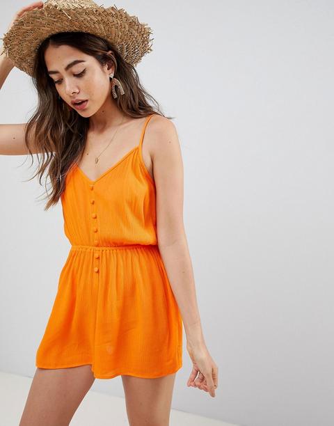 Asos Design Playsuit In Crinkle With Button Front-orange