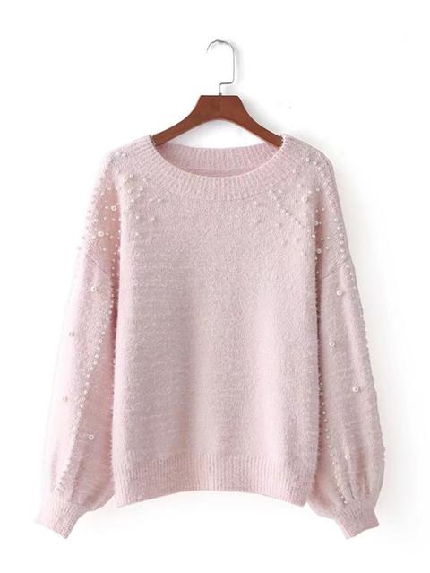 Faux Pearl Fuzzy Sweater