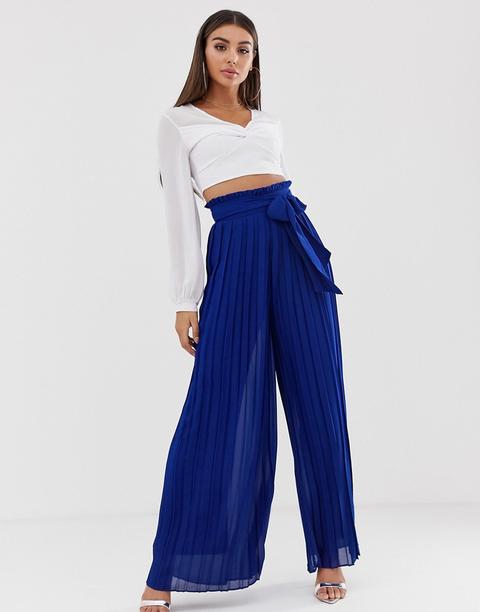Tfnc Pleated Wide Leg Trousers With Tie Waist In Cobalt