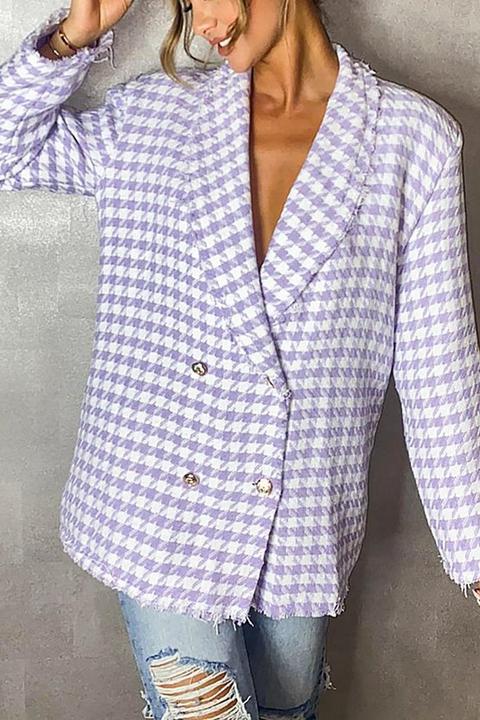 Womens Dogtooth Woven Double Breasted Boxy Blazer - Purple - 10, Purple