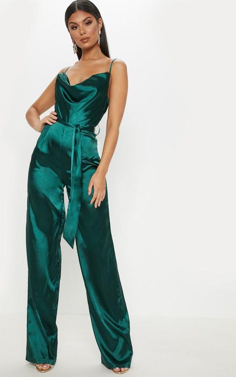 Emerald Green Cowl Neck Satin Tie Waist Jumpsuit