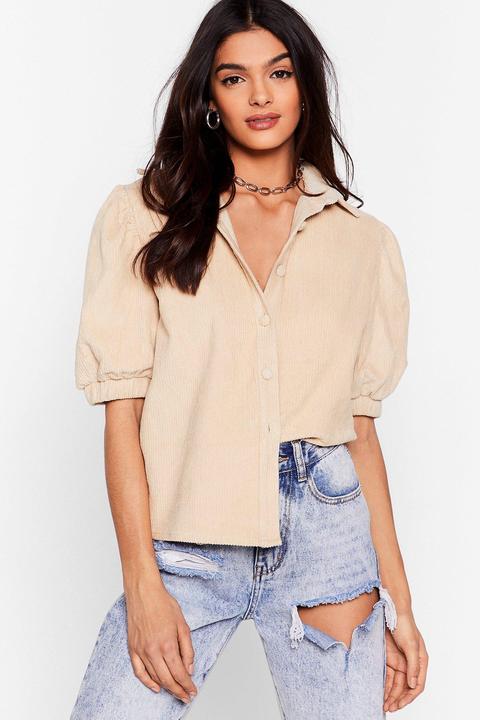 Womens Chemise En Velours Côtelé À Manches Bouffantes J'ai Porte Un Ve-lourd Secret - Crème - 34, Crème
