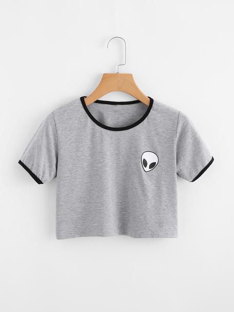 Camiseta Corta Ribete En Contraste Con Estampado De Extraterrestre