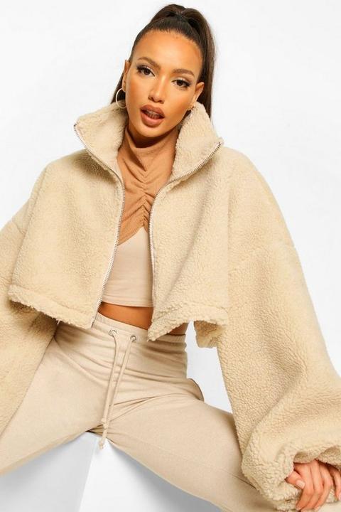 Womens Tall Teddy Faux Fur Oversized Bomber Jacket - Beige - 8, Beige