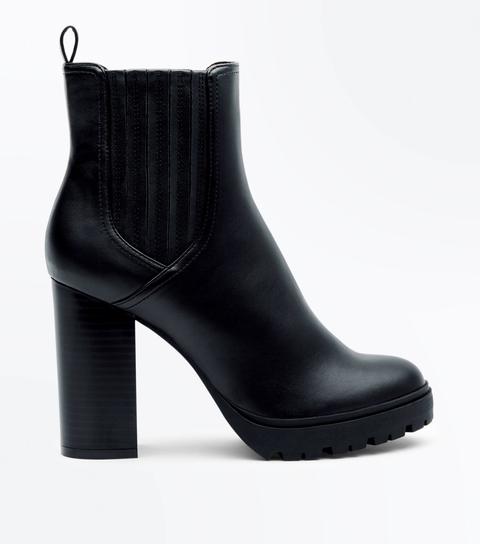 Black Leather Look Block Heel Boots