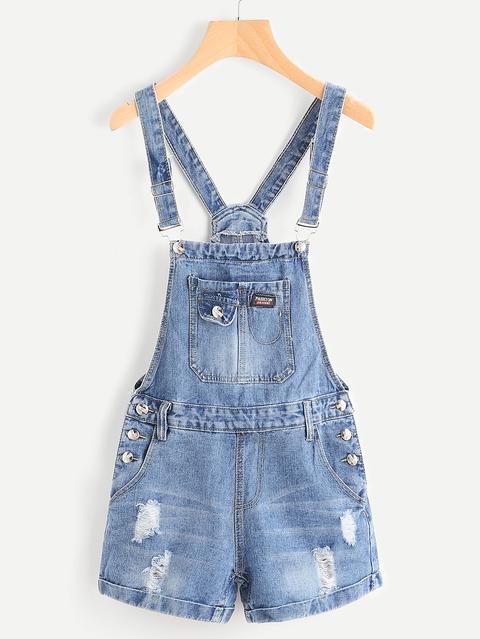 Button Detail Distress Cuffed Pinafore Romper