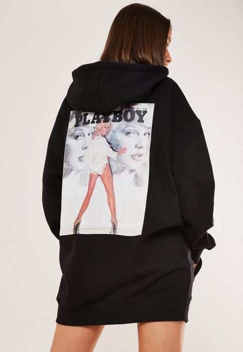 Playboy X Missguided Black Graphic Print Hoodie Sweater Dress, Black