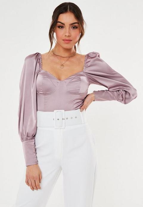 Mauve Satin Puff Sleeve Deep Cuff Milkmaid Bodysuit, Mauve