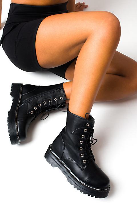 Marina Lace Up Biker Boots In Black 