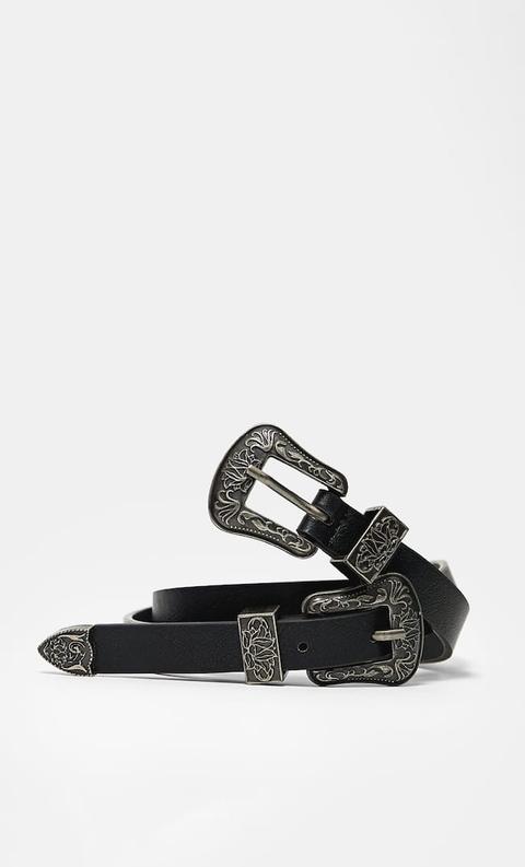 Stradivarius Ceinture Cowboy Double Boucle Femme Noir 70