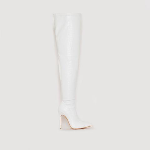 Isabel White Croc Print Thigh High Stiletto Boots