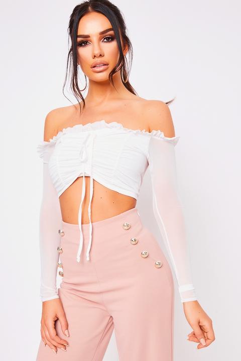 Gigi White Ruched Mesh Top