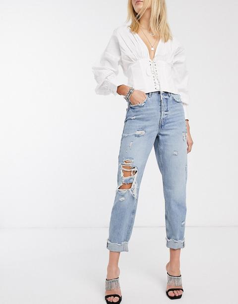 Vaqueros Mom Con Roto En La Rodilla En Azul Lavado Medio De River Island