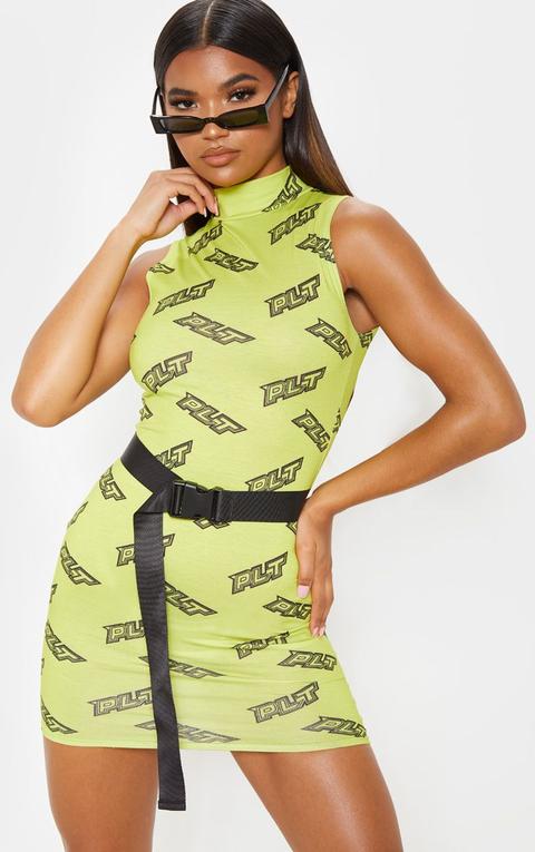 Prettylittlething Lime Slogan Sleeveless High Neck Bodycon Dress