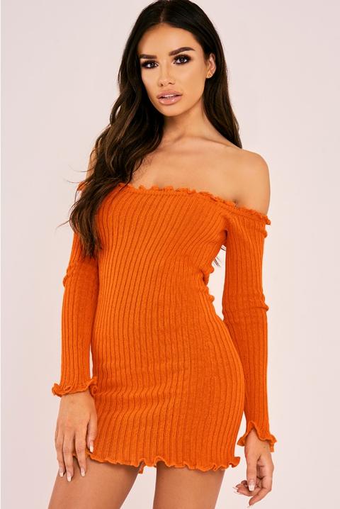 Sarah Ashcroft Orange Ribbed Ruffle Long Sleeve Bardot Dress