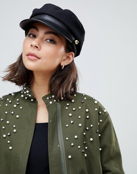 Miss Selfridge - Schwarze Bakerboy-mütze Aus Lackleder - Schwarz