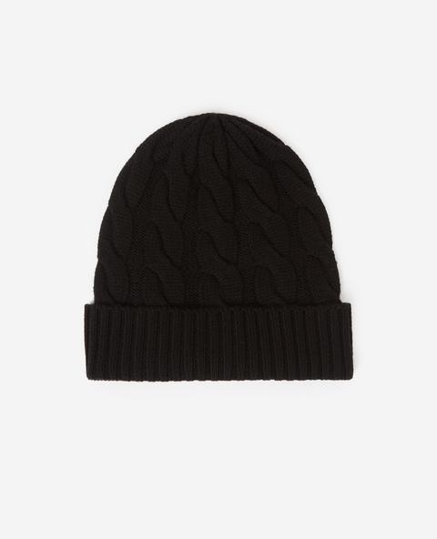 Wool Black Beanie With Braided Knit Detailing