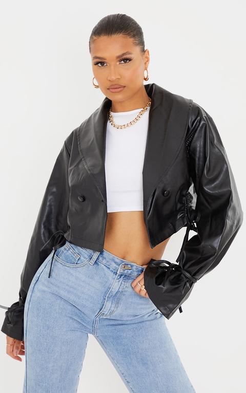 Black Faux Leather Ruched Side Tie Sleeve Cropped Biker Jacket