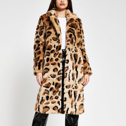 Beige Leopard Print Faux Fur Coat