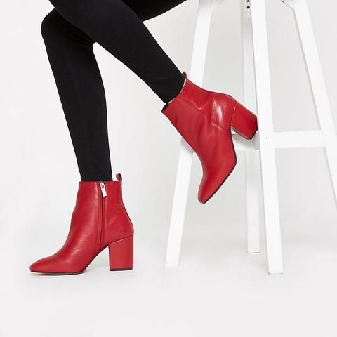 Red Leather Block Heel Ankle Boots from 