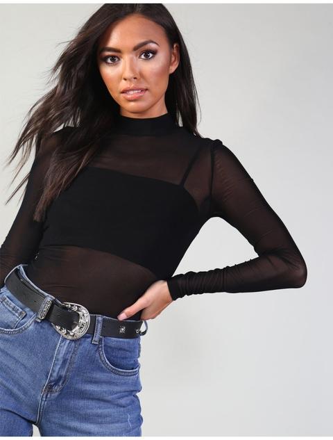 Black High Neck Mesh Bodysuit