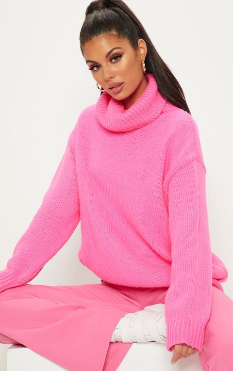 Hot Pink High Neck Fluffy Knit Jumper