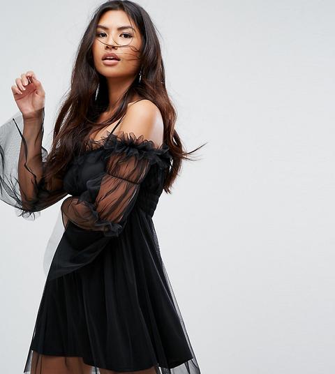 Missguided - Vestito In Tulle Con Spalle Scoperte - Nero