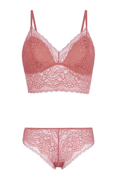 Pink Lace Bralette And Brief Set