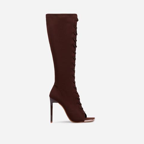 Embers Lace Up Square Peep Toe Knee High Ankle Sock Boot In Dark Brown Knit, Brown