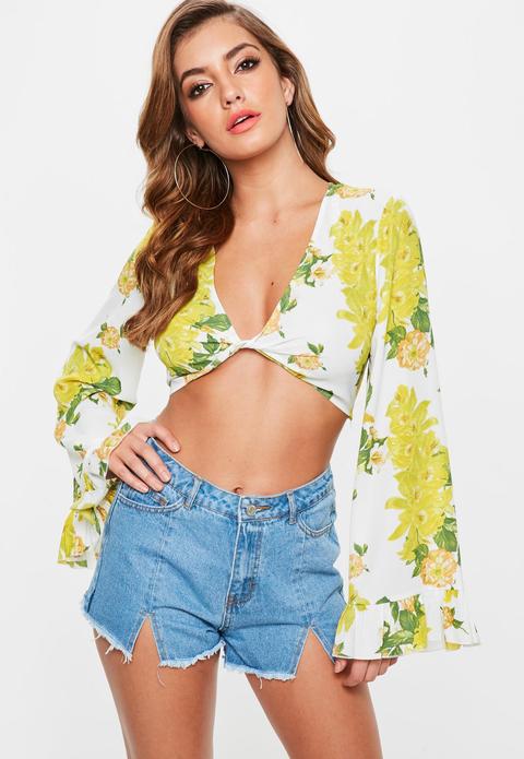 White Floral Twist Front Flare Sleeve Crop Top, White