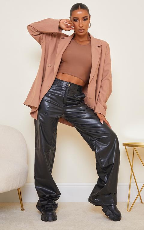 Black Faux Leather Stitch Detail Wide Leg Trouser