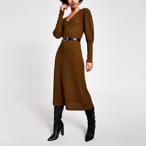 Khaki Puff Sleeve A Line Ribbed Midi Dress