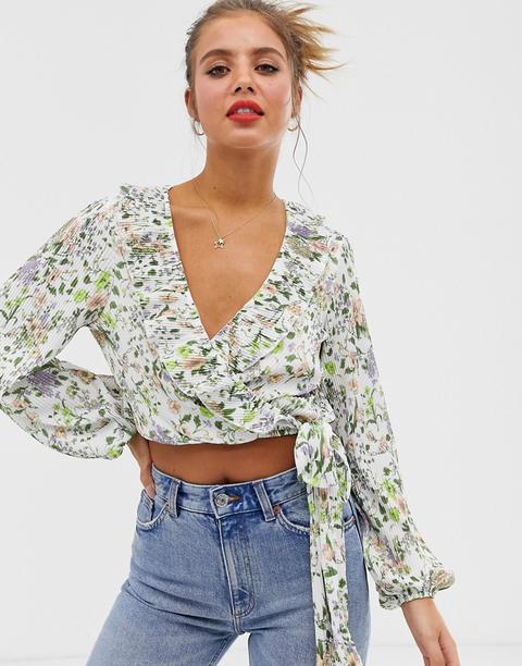 Asos Design Wrap Top In Floral Print Plisse With Ruffle And Tie Side-multi