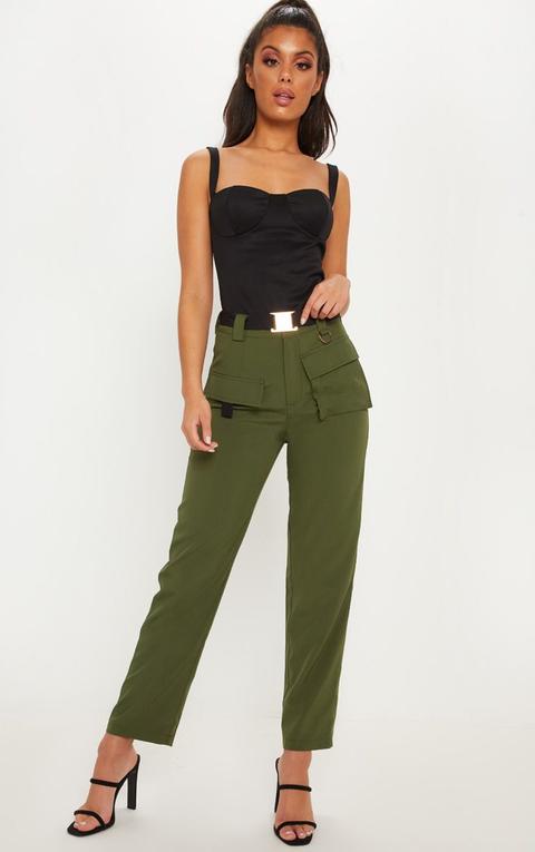 Khaki Belted Waist Cargo Pocket Front Trouser